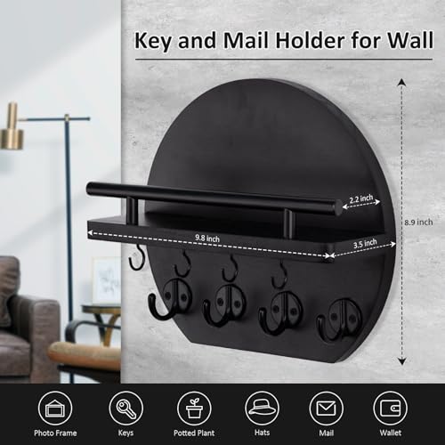 Nekon Key Holder for Wall - 9.8 Inch Apartment Wall Decor with Shelf and 8 Key Hooks, Circular Wood Key Hanger for Home Decor (Black) by Nekon - Image 3