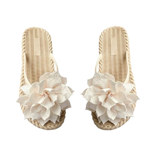 BVEBJDX Womens Flower Flip Flops Clearance UK,Ladies Beach Slides Bohemian Shoes Flat Sandals Open Toe Slippers Indoor House Shoe Faux Straw Flats Non-Slip Slide Summer Casual Slipper Pool Flip Flop