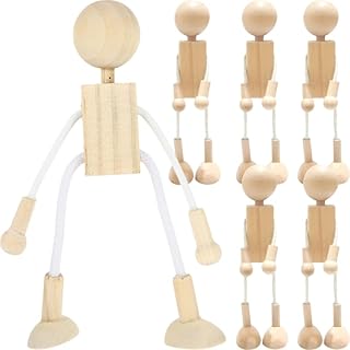 TEHAUX 6pcs Wooden Peg Dolls, Unfinished Wood Peg People Doll Robot Bodies -Figures - DIY Painting Action Figures Model Toys for Arts Crafts