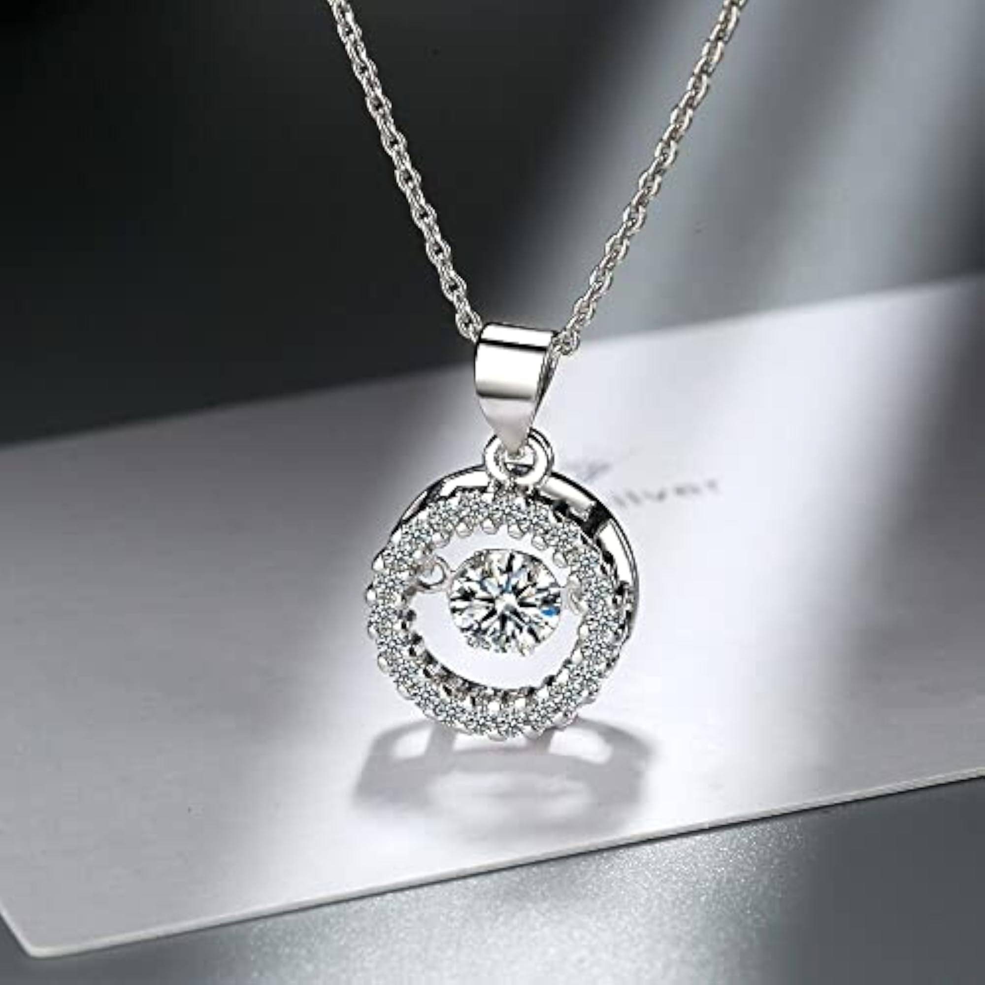 Silver Plated Stone Pendant, Zirconia Round Circle Necklace