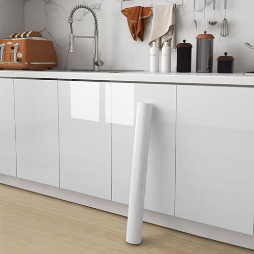Image of WISDOM White Glossy Vinyl Wallpaper Self Adhesive Removable Waterproof Countertop Paper White Contact Paper for Cabinet Countertop Furniture Kitchen (15 x 60 inch, Vinyl Glossy Wallpaper)