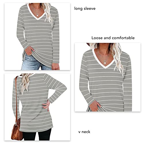Top Listrado Com Decote Em V, Fenda Lateral Adequada para a Pele, Fácil de Combinar, Moletom Solto d