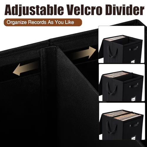 Homward Vinyl Record Storage Box - 13 Inch Linen Fabric Case for LP Album Storage, Stackable & Collapsible Organizer Crate Cube Bins with Lid for 120+ Singles