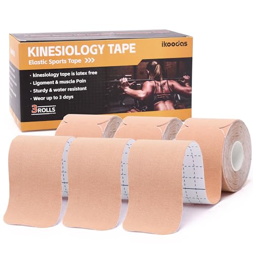 Tape Kinesiologico Pretagliato Nastro Kinesiologico 5cm x5m, Nastro Taping Kinesiologico per Muscoli e Articolazioni, Traspirante e Latex Free(3 rotoli) (Beige)