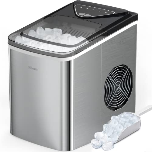 Silonn Ice Makers Countertop, 9 Cubes Ready in 6 Mins, 26lbs in 24Hrs, Self-Cleaning Ice Machine with Ice Scoop and Basket, 2 Sizes of Bullet Ice, Stainless Steel by Silonn - Used condition - US$59.66