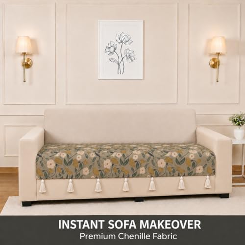 Image of STITCHNEST 'Eden Weaves Collection Series' 1 Seater Sofa Cover|Elegant Woven Fabric, Decorative Tassels, Washable & Durable for Modern Living