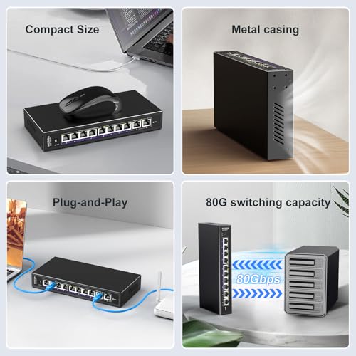 Image of 10Gbe Ethernet Switch Unmanaged with 2 x 10Gb RJ45 Ports ➕ 8 x 2.5Gb Base-T Ports, Desktop /Wall Mount NICGIGA 10 Port 10Gbps Network Switch for Wireless AP, NAS, PC