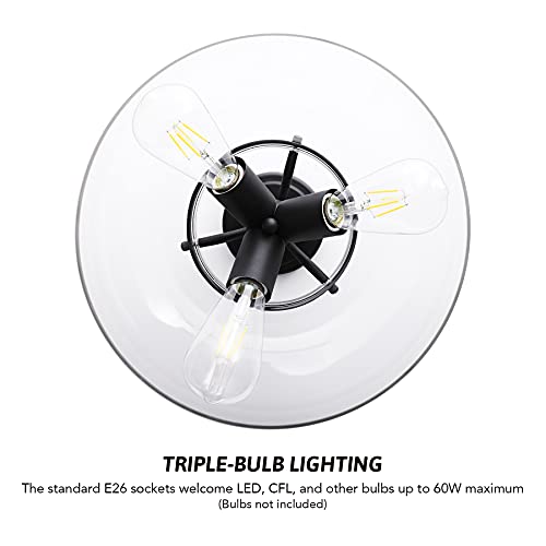Vonluce Modern Industrial Clear Glass Shade Ceiling Light Fixture, 3 Bulb Matte Black Semi Flush Mount Ceiling Lighting Fixture For Kitchen Island Dining Table Hallway Living Room Entryway Foyer #TOP7