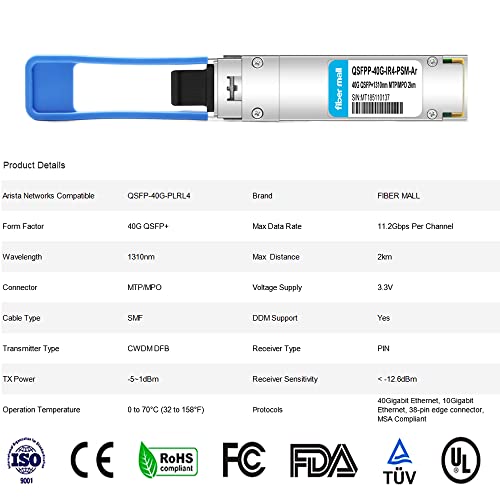 Image of 40G QSFP+ PLRL4 for Arista Networks QSFP-40G-PLRL4,40GBASE-PLRL4 QSFP+ 1310nm 2km DOM MTP /MPO-12 SMF Optical Transceiver Module