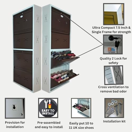 Image of I Double Decker Metal Shoe Rack I Double Lock I Wall Mounted I 4 Shelve (Brown Colour) I Coad LC 2DDL-04 BR I Height 58 Inches, Width 26 Inches, Depth 7.5 InchesI 3 Years Warranty.