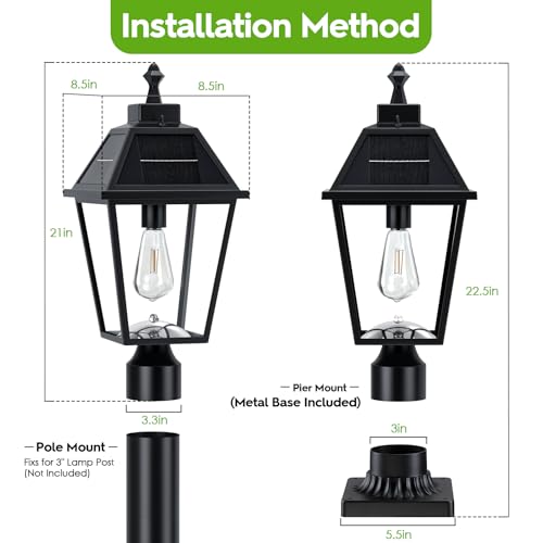 Anrikey 22.5\" Large Outdoor Solar Post Light, Dusk to Dawn Solar Lamp Post Light, Black Lamp Posts Light Fixture with Pier Mount Base, Waterproof Outdoor Pole Lights for Yard Garage Porch Patio, 1Pack