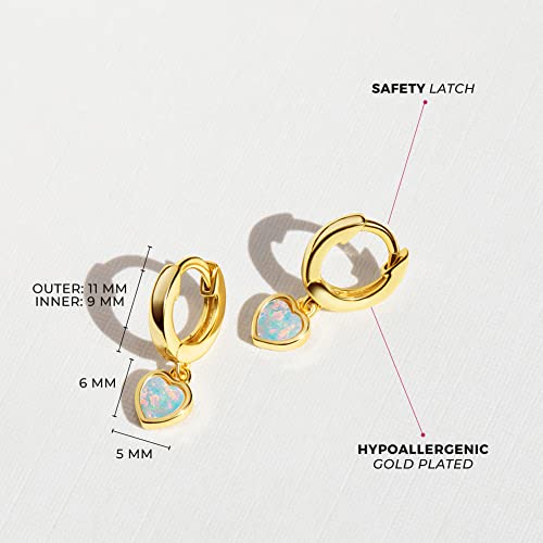 925 Sterling Silver Gold Flashed Simulated Opal Heart Dangle Hoop Girl Earrings - Beautiful Gold Flashed Earrings For Little Girls - Tiny Hoop Earrings With Small Dangle Heart Detail #TOP3