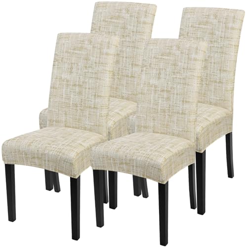 Image of SearchI Dining Room Chair Covers Set of 4, Stretch Printed Parsons Chair Slipcovers Removable Washable Kitchen Chair Protector Cover for Dining Room, Hotel, Ceremony (Flaxen Print)