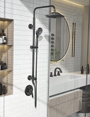 Sr Sun Rise Shower System With 3-Spray Rain Shower And 6-Setting Handheld Combo 1.8 Gpm Shower Faucets Sets Complete With Adjustable 27.6" Slide Bar Shower Fixtures Valve Include, Matte Black #TOP6