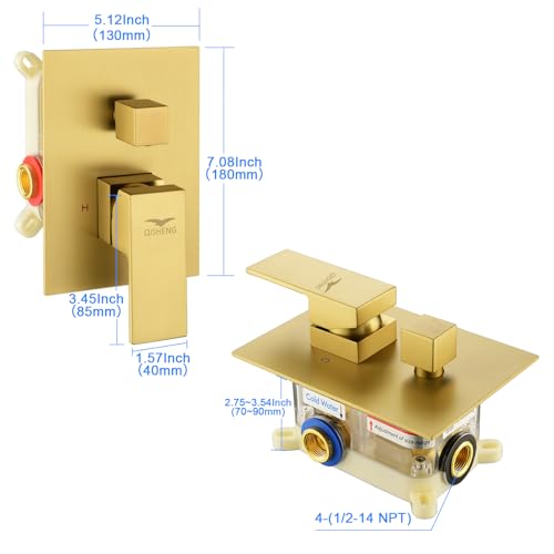 QISHENG Shower Valve, Solid Brass Diverter Valve Trim Kit, 1-Handle Wall Mount Rough-in Valve Shower Trim Kit, Bathroom Bathtub Shower Valve, 2-Way Outlet Pressure Balance Valve, Gold Diverter Valve by QISHENG - Image 6
