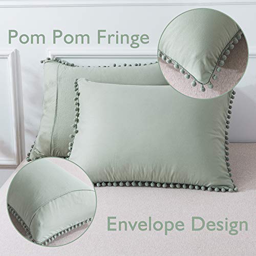 Andency Pom Pom Fringe Duvet Cover Queen Size (90X90 Inch), 3 Pieces (1 Solid Sage Green Duvet Cover, 2 Pillowcases) Soft Washed Microfiber Duvet Cover Set With Zipper Closure, Corner Ties #TOP5