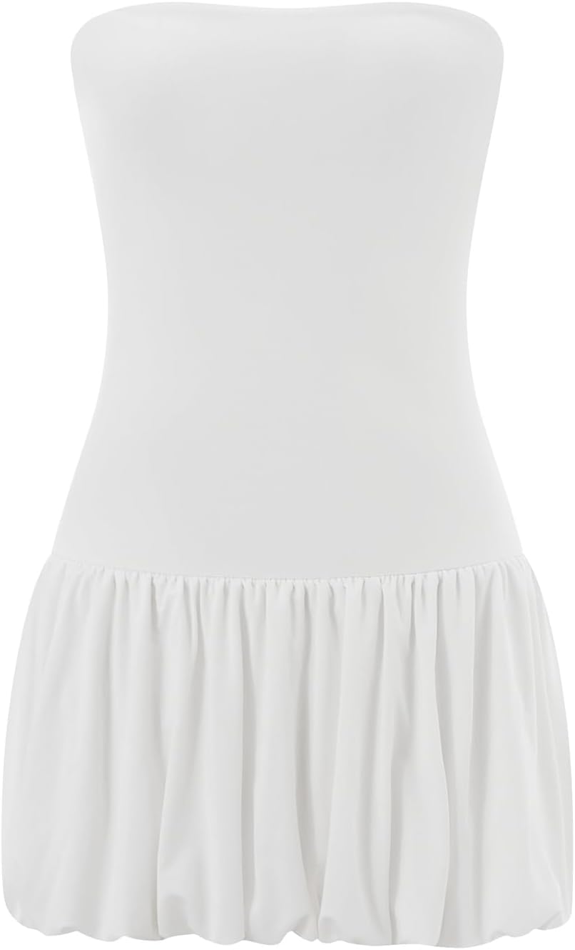 Women Strapless Mini Dress Tube Top Bubble Skirt Off Shoulder Corset Top Balloon Short Dress Club Party - Image 5