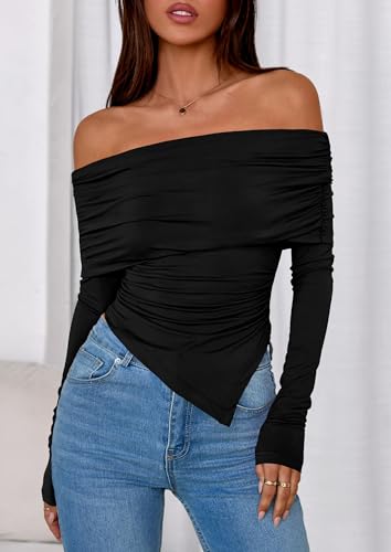 PRETTYGARDEN Off The Shoulder Tops for Women Fall Fashion 2025 Long Sleeve Shirts Going Out Slim Fitted Blouses Y2K Clothes2