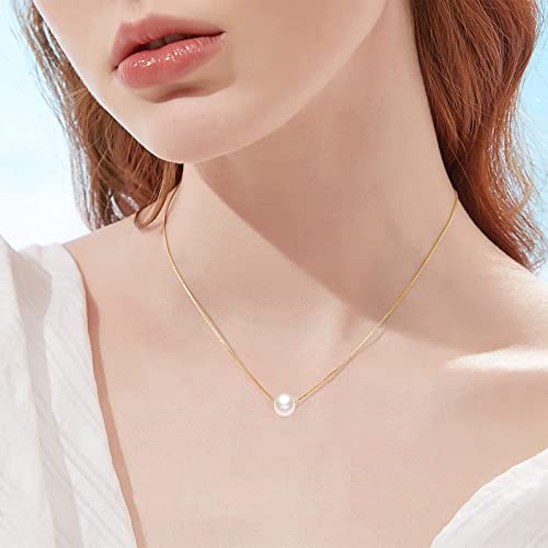 14K Yellow Gold Pearl Necklace For Women, Real Gold Durable Box Chain With Single Cultured Pearl Pendant Necklace Anniversary Birthday Gift For Her, Wife, Mother, Girl 18 Inch (Yellow Gold) #TOP2