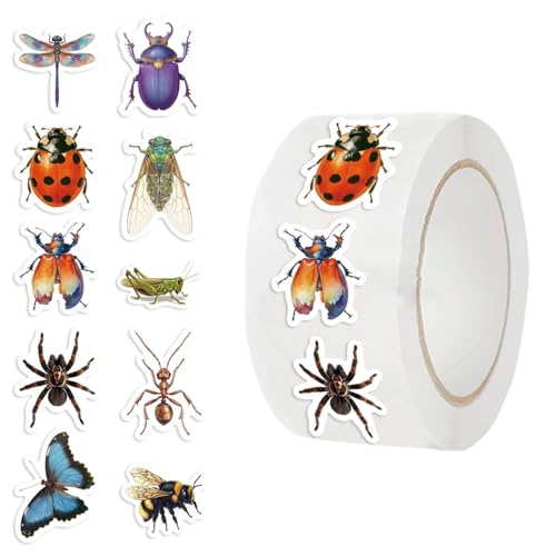 500Pcs Insect Stickers,1 Inch Reward Stickers in 10 Patterns,Cartoon Decal Rolls Self Adhesive Seals Water Bottle Scrapbook (Insect)