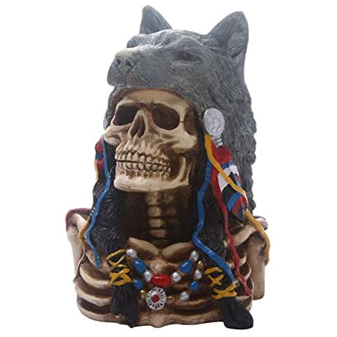 FXQ Resin Skull Head Resin Skull Craft Skeleton Statue Native American Indian Skull with Wolf Head Gothic Statue with Headdress Figurine - for Halloween Home Decoration Cover
