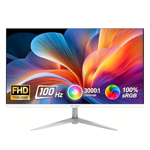 CRUA 22 inch FHD 100Hz PC Monitor Flat 1080P(1920x1080) Display Screen 100% sRGB 0.5ms MPRT Ultra-Slim Design Suitable for home and office use White