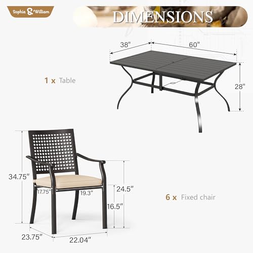 Image of Sophia & William 7 Piece Metal Outdoor Patio Dining Bistro Sets with Umbrella Hole, 60 inch x 37.8 inch Rectangle Patio Table and 6 Backyard Garden Outdoor Chairs
