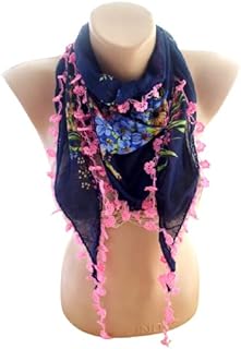 Navy Blue fringed Scarf, Women Cotton Scarf, Lace Floral Scarf, Boho Cotton Scarf, Women Fashion Scarf, light Scarf, christmas Gift