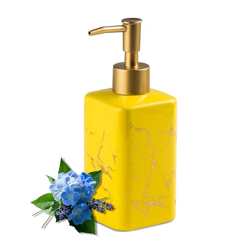 Gold Soap Dispenser for Bathroom Countertop, Square Yellow Dish Soap Dispenser Pump Bottle with Golden Stripes for Kitchen Sink Laundry Shower Lotion, Ceramic Hand Dispenser Pump for Soap Liquid