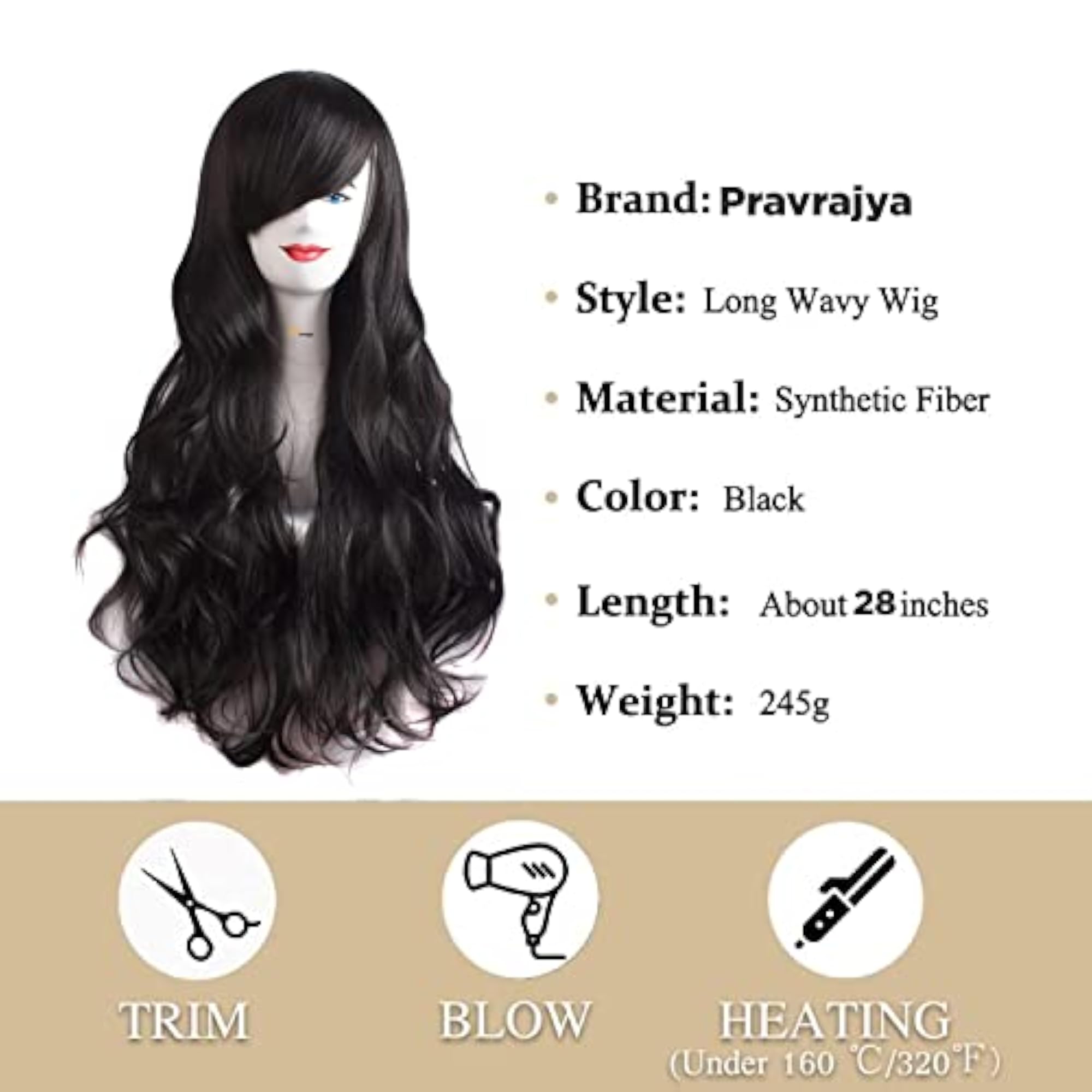 28 Inch Soft Long Curly Wig for Women, Natural Black