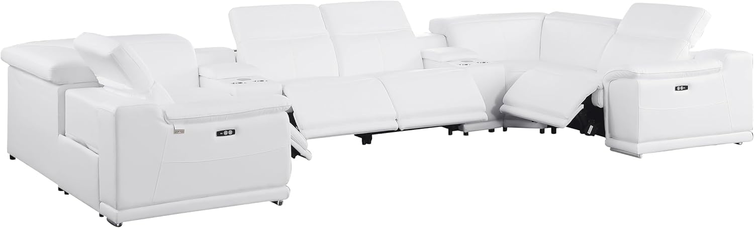 BlackJack Furniture Venice 8-Piece Top Grain Italian Leather Sectional Reclining Sofa Set with 4 Power Recliners, Adjustable Headrests, USB and Wireless Phone Charger and Console Storage, White