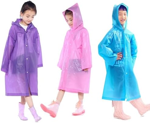 Kids Rain Ponchos, 3 Packs Portable Reusable Emergency Raincoats for Camping Hiking Traveling