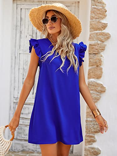 Verdusa Women's Ruffle Cap Sleeve Knot Backless V Neck Mini Tunic Dress Royal Blue M #TOP3