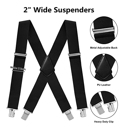 Fasker Mens Suspenders X-Back 2" Wide Adjustable Solid Straight Heavy Duty Clip Suspenders For Men Women, Black #TOP3