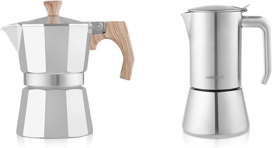 wedrink Stovetop Espresso Maker Aluminum Moka Pot 3 Espresso Cups and 4 Cups Stainless Steel Moka Pot for Greca, Induction, Electric & Gas Stoves