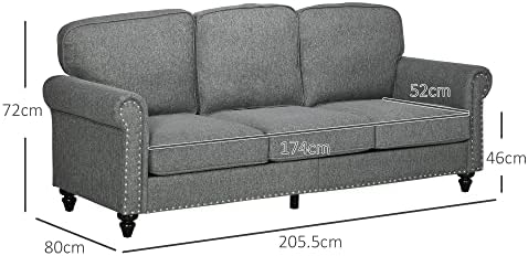 HOMCOM 3 Seater Sofas for Living Room, Fabric Couch with Nailhead Trim, Rolled Arms and Cushions, Grey