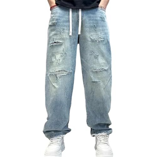 Mens Summer Hole Ripped Straight Denim Pants Elastic Waist Loose Jeans Thin Comfortable Cowboy Trousers