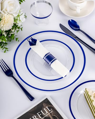 BESTVIP 175Pcs Clear Blue Plastic Plates for Party, Disposable Clear