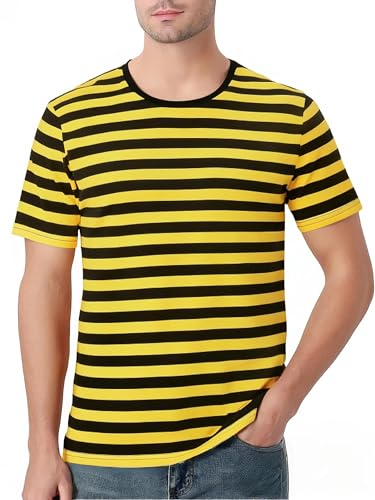 Funny World Yellow and Black Striped Shirt Men Cotton Crewneck Short Sleeve Casual T-Shirts, Black & Yellow, Large
