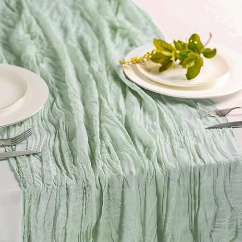 Hahuho Sage Green Cheesecloth Table Runner 10ft, Gauze Boho Rustic Table Runners for Wedding Birthday Party Baby Shower Decorations（1 Pack , 35x120 Inches） Cover