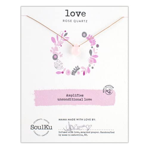 Soulku Handcrafted Necklace, Empowerment Jewelry With Healing Crystal, Inspirational Jewelry For Women, Mom & Sister Gifts, 2" Extender With Lobster Clasp, 16" Nylon Cord (Love, Rose Quartz) #TOP6