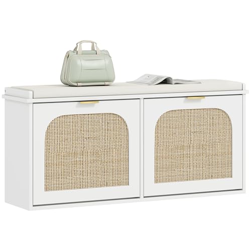 HOMCOM Narrow Shoe Bench with Padded Seat and 2 Flip-Drawers, Boho Shoe Storage Bench with Rattan Doors and Adjustable Shelves for Hallway, Entryway, Holds 10 Pairs, White