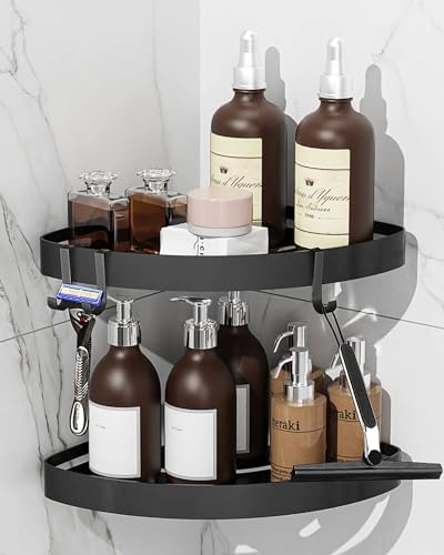 KeZaara Estante de Ducha sin Taladro Negro, Estanteria Ducha sin Taladro Esquinero, Estanteria Baño, Soporte Champu Baño con 4 Ganchos, con Pegatinas, Aluminio, 2 Piezas (Negro)
