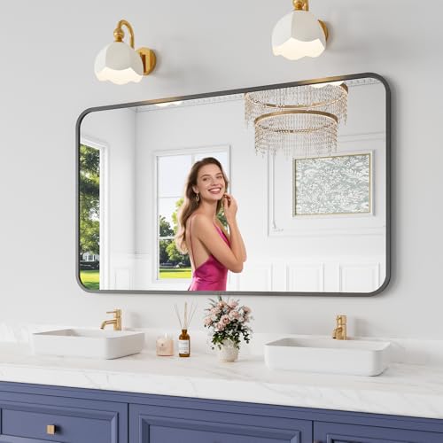 Koonmi Bathroom Mirror, 30X50 Brushed Black Rectangle Wall Mirror, HD Tempered Glass, Anti-Rust Frame Vanity Mirror, Rounded Rectangle Mirror for Restroom, Bedroom, Hangs Horizontal or Vertical