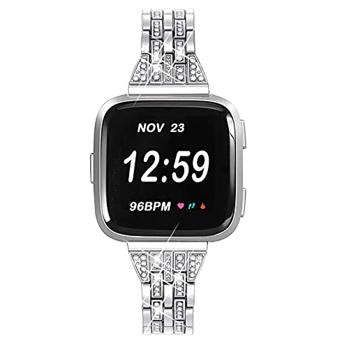 Bayite Slim Bling Bands Compatible With Fitbit Versa/Versa 2/Versa Lite Smartwatch, Dressy Metal Bracelet Jewelry Wristband Women, Silver #TOP1