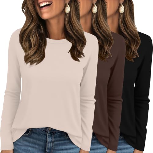 Ekouaer Womens Long Sleeve Tops Loose Fit Basic Shirts Crewneck Tshirts Fall Fashion Casual Black/Brown/Beige XL