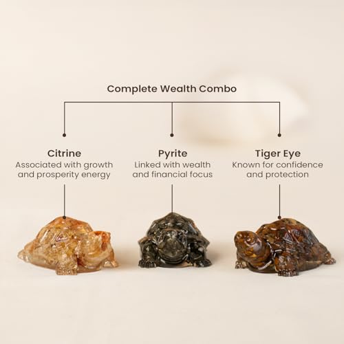 Image of Astrotalk Maha Dhan YOG Tortoise Combo | Resin Pyrite, Citrine & Tiger Eye Turtle for Wealth, Prosperity & Protection | Tortoise for Good Luck for Home Decor & Office | Home Decor for Living Room
