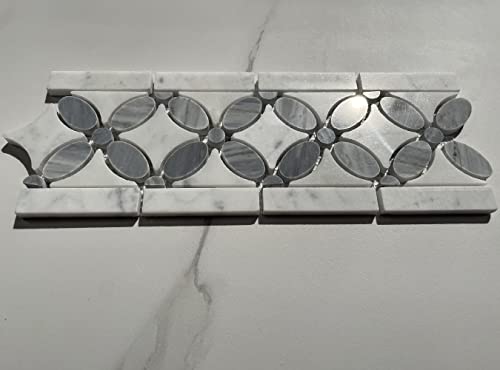Stone Center Online Carrara White Marble Flower Mosaic Border Listello Tile W/ Bardiglio Gray Polished Kitchen Bath Wall Floor Backsplash Shower (1 Sheet) #TOP2