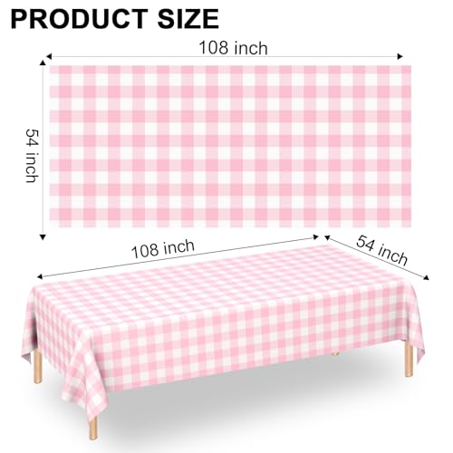 Image of 6 Pack Pink Gingham Tablecloth Rectangular Pink and White Checkered Tablecloths Disposable Plastic Pink Plaid Table Cover for Parties, Outdoor Picnic, Birthday, Wedding, Camping 54 x 108 Inch