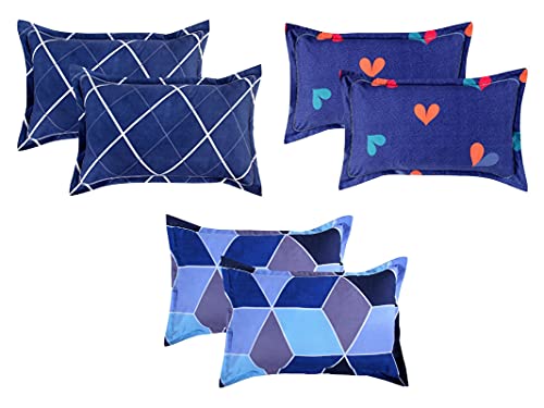VAS COLLECTIONS 6 Pcs Cotton Pillow Cover Set (3 Pairs) | 144 TC Supersoft Brushed Cotton – Breathable & Wrinkle Free – 6 Pcs Set | White, Blue & Grey